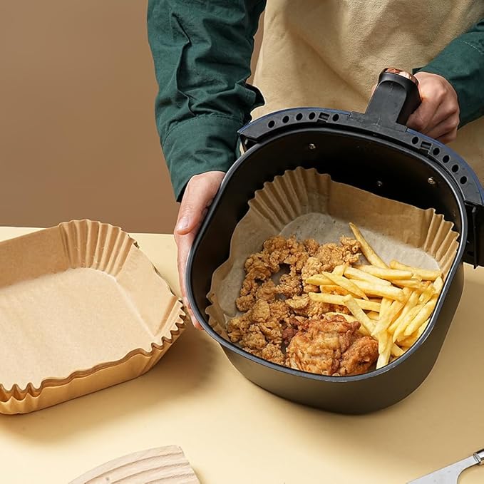 Air Fryer Liners Disposable Square.100pcs Virgin Pulp Parchment Paper for 4qt-6qt Air Fryer.Food Grade,Non-stick, Oil-proof & Heat Resistant for Baking,Microwave,Cooking & Deep Fryer Accessories
