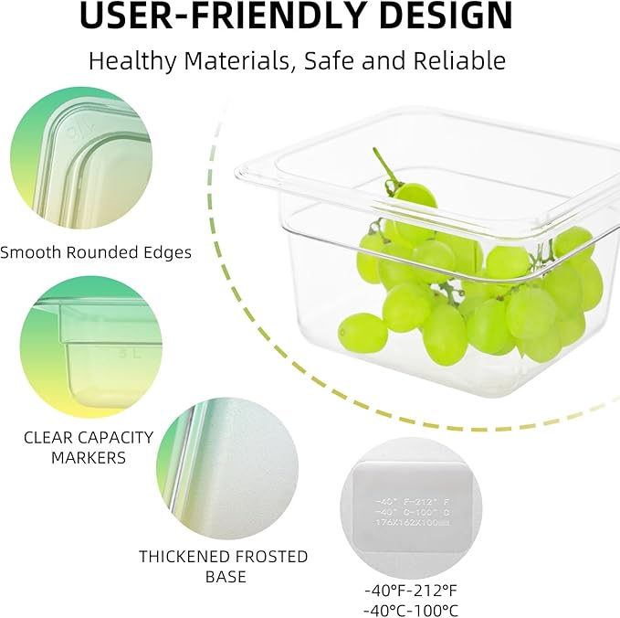 6 Pack 1/6 Size Food Pan with Lids,Stackable Freezer-Safe Meal Prep Containers for homes schools restaurants hotels -40°F to 212°F (1/6 size 4 inch deep, 1.53L/1.62QT)
