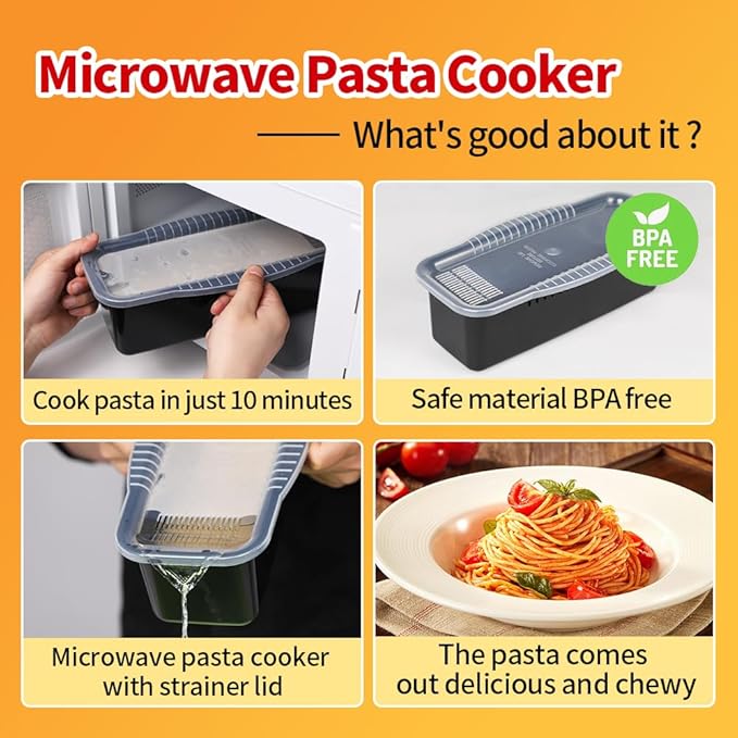 Microwave Pasta Spaghetti Cooker Pot with Strainer Lid,Pasta Cooker in Microwave with Water Level and Spaghetti Portion Measuring Device,Dormitory Office Apartment Kitchen Essentials
