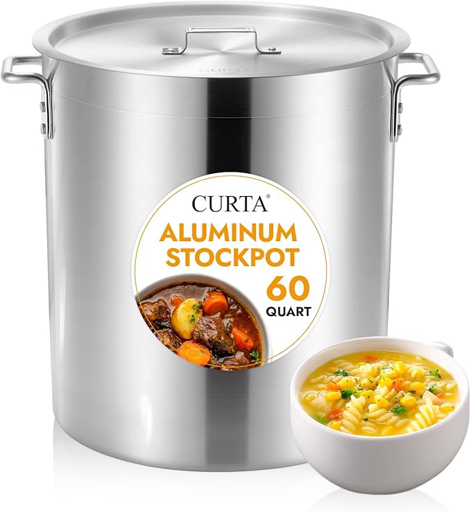 CURTA 60 Quarts Aluminum Stock Pot with Lid, Heavy Duty Commercial Grade Large Capacity Cooking Pot for Boiling, Stewing, Great for Kitchen, Restaurant, Catering, and Home Use,NSF certified