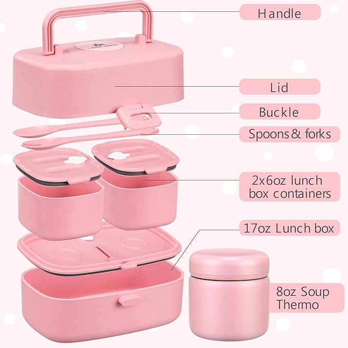 Bento Lunch Box for Kids with 8oz Soup Thermo,2 Leak-Proof Food Containers, a Lunch Bag, Kids Thermo Insulated Hot Food Jar for School, Travel-Pink
