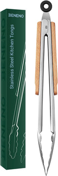 Beneno 12-Inch Stainless Steel Kitchen Tongs for Cooking with Heat-Insulating Wooden Grip Handle, Heavy Duty Heat-Resistant Metal Locking Tongs with Strong Scalloped Tips for Cooking, BBQ, Grab Food