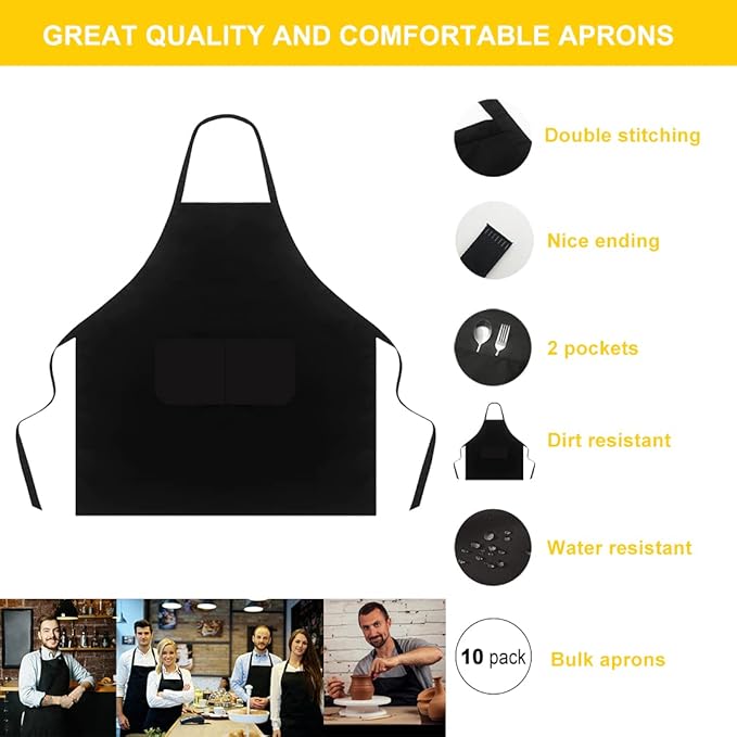 Black Apron with Pockets for Women Men Adult Chef, Set of 10 Bulk Kitchen Aprons for Cooking Baking Restaurant Painting DIY BBQ (10, Black)