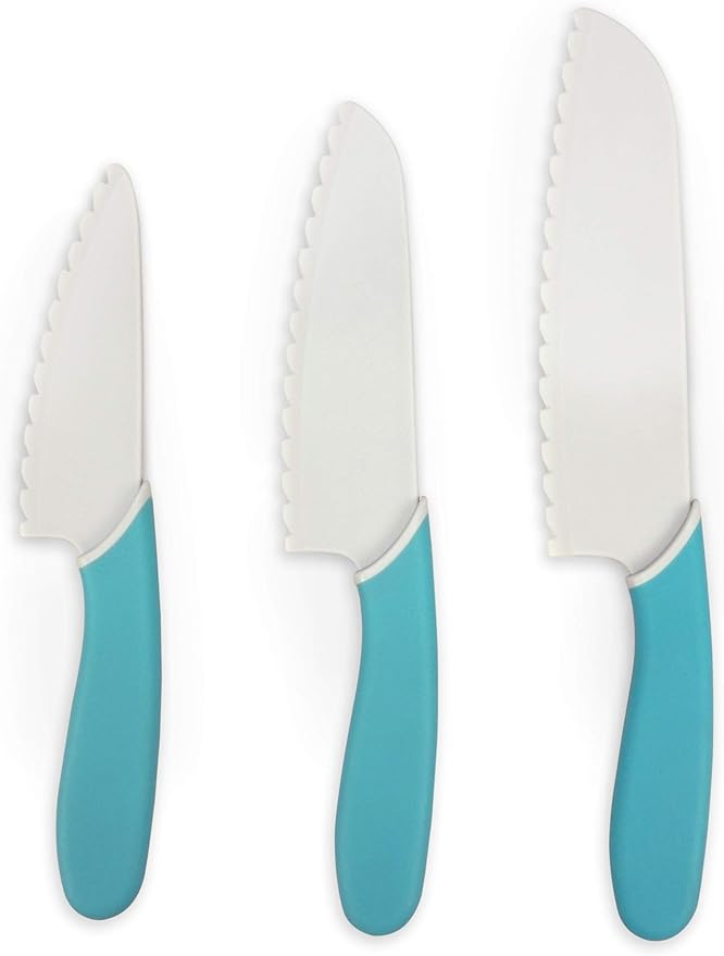 Handstand Kitchen 3-Piece 5", 6" and 7" Serrated BPA-Free Knife Set for Kid Safe Cooking