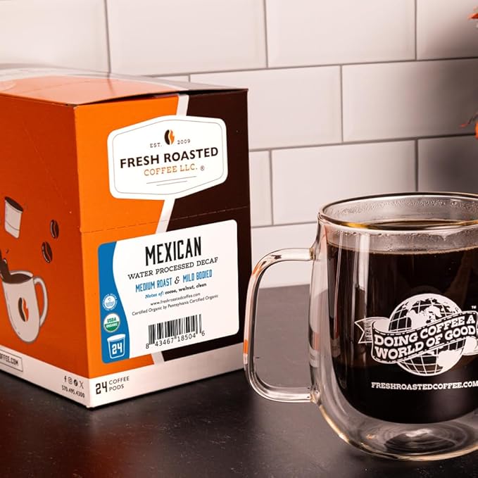 Fresh Roasted Coffee, Organic Mexican Water-Processed Decaf | USDA Organic, 100% Single Origin, Kosher | Medium Roast 72 Pods for K Cup Brewers