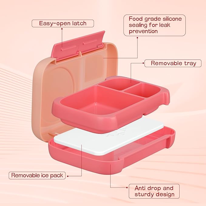 MAISON HUIS Chill Bento Lunch Box for Kids Adult with Ice Pack 3 Compartments Leakproof Lunch Containers Keep Food Cold for Girl Boy School
