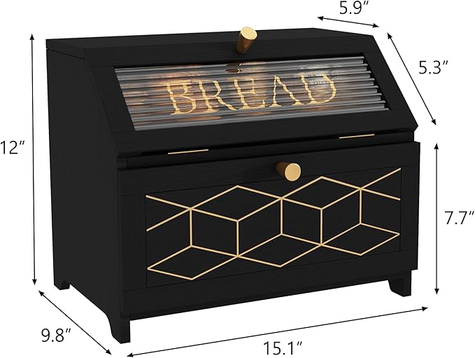 Double Layer Bread Box With Golden Trim for Countertop, Wooden Bread Container for Kitchen Counter, Corner Bread Storage (Black1)