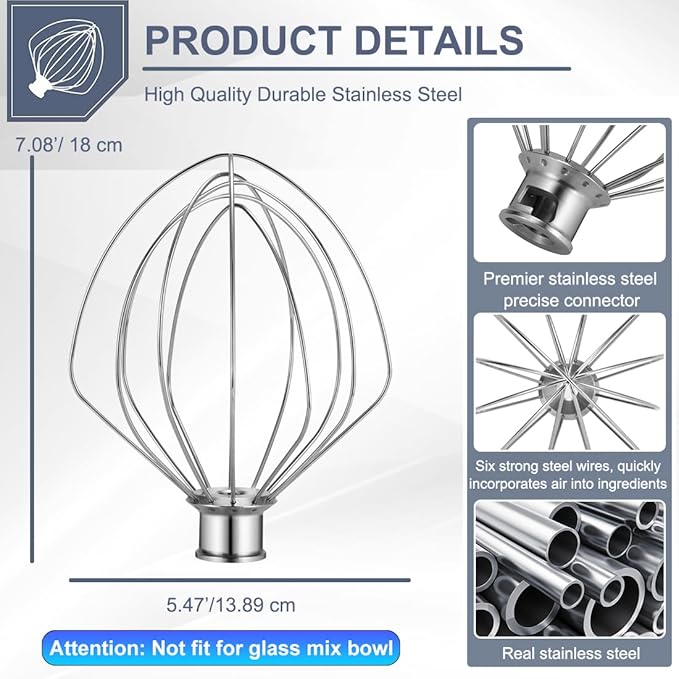 KN256WW Stainless Steel Whisk Attachment for KitchenAid 6 Quart Bowl Lift Stand Mixer 6-Wire Whip Attachment for Kitchenaid Accessories