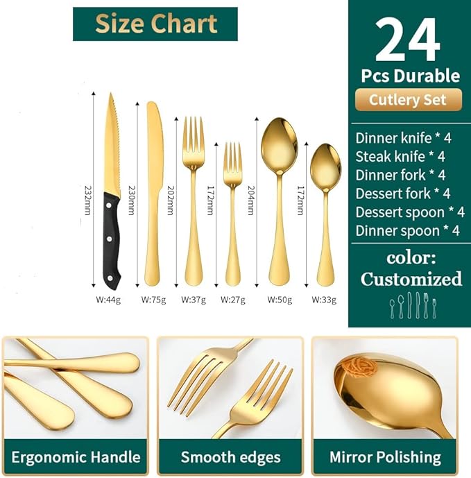 Gold Flatware Set For 4 Silverware Stainless Steel Forks and Spoons Knives Cutlery 24 Pieces Kitchen Utensils Parties Festival Casual or Formal Occasions