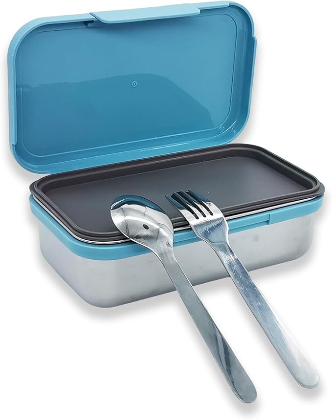 Stainless Steel Small Bento Box for Adults - Leakproof Microwave Safe Lunch Box for Work, Meal Prep and On the Go with Utensils & Bag (Blue), Compact-Sized for Moderate Appetites