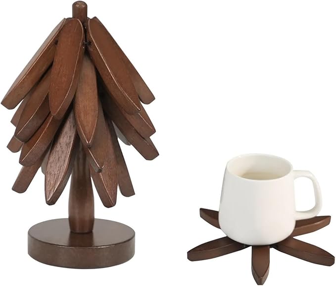 Artisanal Wooden Coasters Trivets Set – Foldable Wooden Tree Trivet with 4 Coasters & Stand – Heat Resistant Hot Plate Holder & Kitchen Accessories for Dining Table