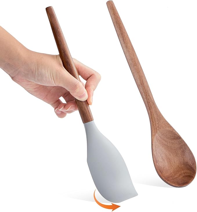 Wooden Cooking Spoons 1pcs Wooden Spoons For Cooking and 1pcs Silicone Spatula Acacia Cooking Spoon Wood Non-Stick Wood Utensil Silicone Scraper Spatula, Kitchen Utensils Cooking Spoon for Serving