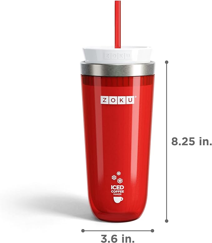 Zoku Instant Iced Coffee Maker, Reusable Beverage Chiller Cools Hot Beverages in Minutes Without Dilution, Portable 11-ounce Tumbler With Spill-resistant Lid and Straw, Red