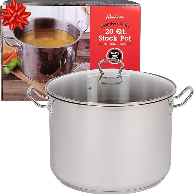 Camerons 20 Quart Stock Pot with Lid - Tri-ply 18/10 Professional Grade Induction Ready Stainless Steel Sauce Pot w/Handles - Stick Resistant Interior- Great for Cooking Thanksgiving Turkey Dinner