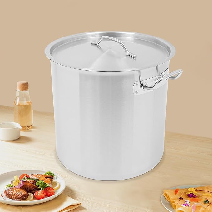 Large Stock Pot with Lid, Stainless Steel Cookware Stockpot, 34.9 Quart Heavy Duty Soup Pot with 2 Handles, All Stoves Compatible, Fast and Uniform Heating