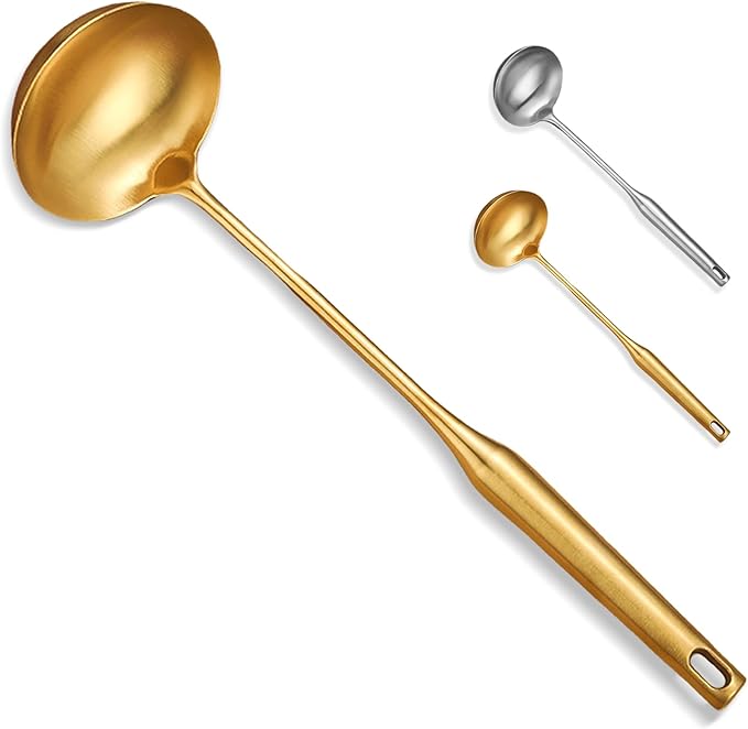 Soup Ladle, Stainless Steel Ladle spoon, Gold Ladles for Serving 14 Inch Serving Spoon Heavy Duty kitchen Utensils for Cooking Buffet, Party, Kitchen, Gold