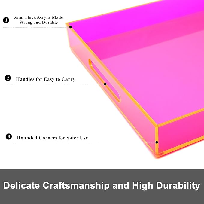 Large Acrylic Tray Ottoman Coffee Table Tray with Handles 17x13'' Decorative Serving Platter for Food Tea Dinner Snack Eating Bar Party, Neon Pink