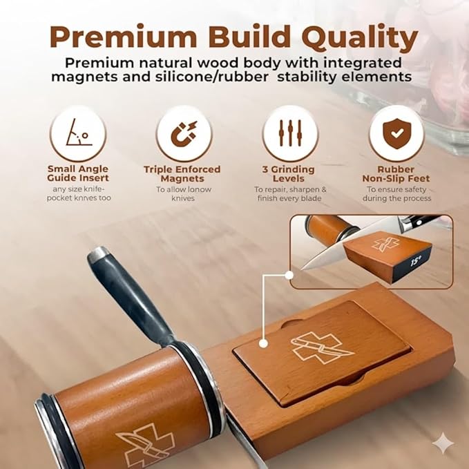 The Knife Doctor™- Professional Rolling Knife Sharpener Kit - Two-Piece Wooden Block Knife Sharpening System for Kitchen, Japanese & Pocket Knives - 15-20 Degree Angles with Magnetic Guide & 3 Discs