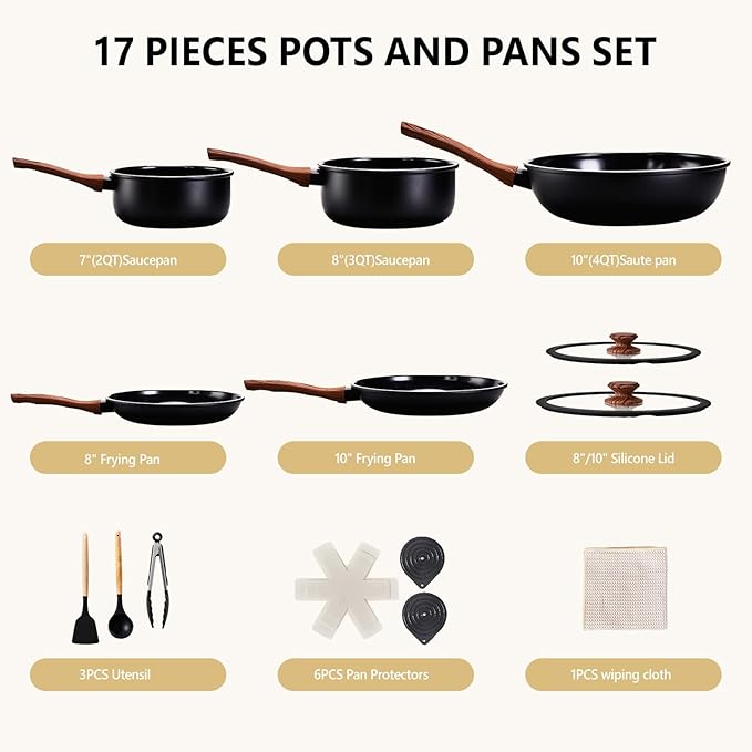 Bonnlo 17 PCS Non-Stick Cookware Set, Cast Aluminum Pots and Pans Set, Induction RV Kitchen Cook Set, Dishwasher Safe, PFAS PFOA & PFOS Free, Black, for Home