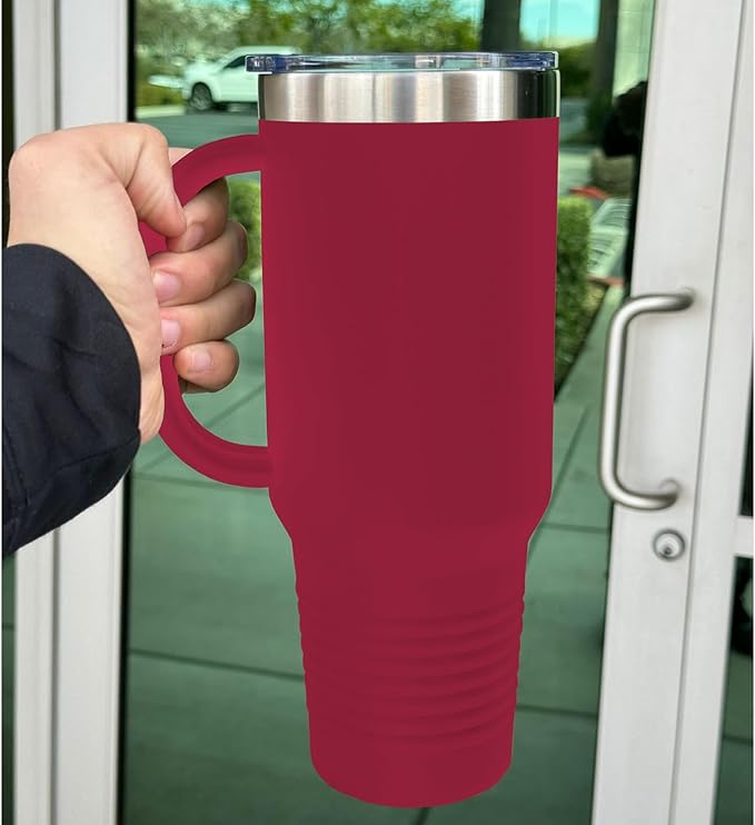 LaserGram 40oz Vacuum Insulated Travel Mug with Handle, Tiki Statue, Personalized Engraving Included (Maroon)