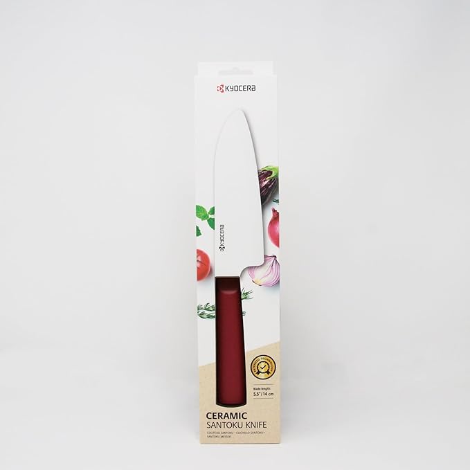 Kyocera INNOVATIONwhite 5.5" Ceramic Santoku Knife - White Z212 Blade with Non-Slip Red Handle
