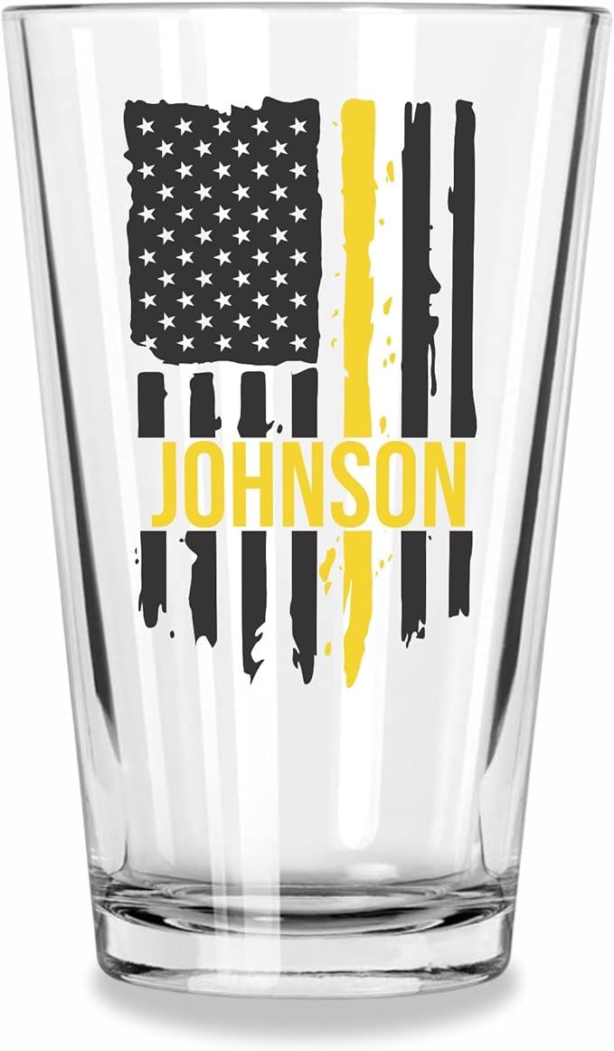 Blue Ridge Mountain Gifts - Thin Yellow Line Pint Glass - Personalized Dispatch Glass, 911 Dispatch Appreciation, Yellow Line Merch, First Responders Gift, Custom Barware, Thin Gold Line American Flag