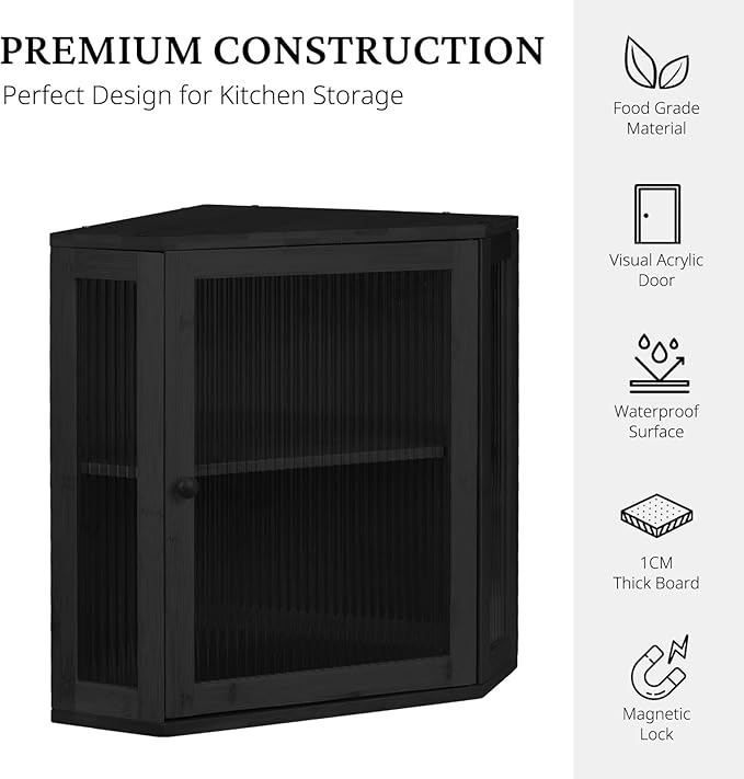BRONYPRO Double Layer Corner Bread Box for Kitchen Counter with Height-adjustable Partition, Large Black Bamboo Wooden Bread Box for Multiple Loaves, Modern Breadbox for Kitchen Countertop
