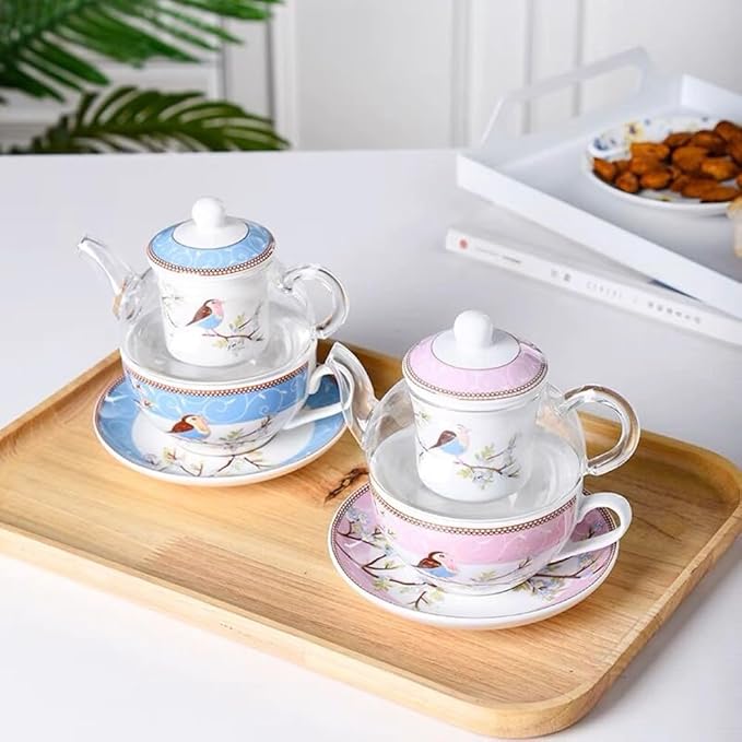 Tea for One Set, Glass Teapot with Porcelain Infuser Strainer and Cup & Saucer- Happy Bird Pattern (Pink)