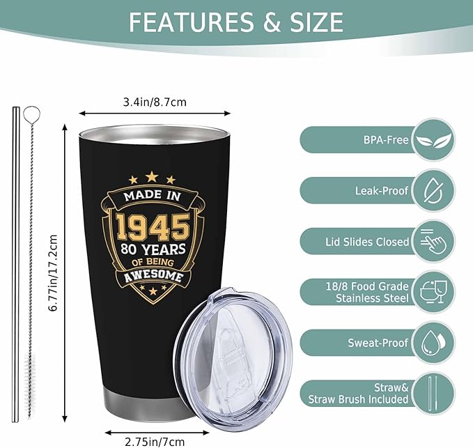 80th Birthday Gifts for Him, 80th Birthday Gifts for Men, Gift for 80 Year Old Man Tumbler, 20oz Coffee Tumbler, 80 Year Old Gifts for Men Coffee Mugs