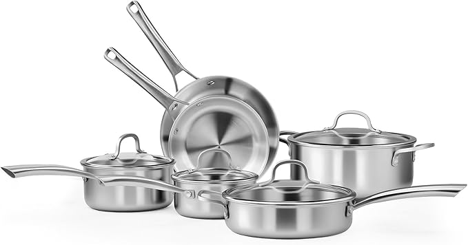 VINGLI 10 Pcs Cookware Set, Stainless Steel Pots and Pans Set with Lids, Non-Toxic Saute Sauce Pot, Soup Pot, Frying Pan, PFOA & PTFE Free, Compatible for All Cooktops(10 Cookware Set)