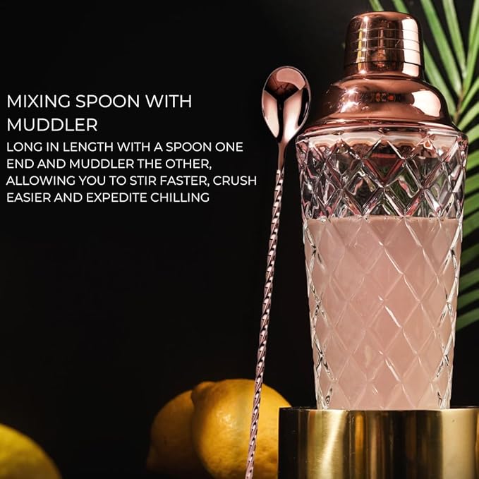Glass Cocktail Shaker Set - 5 Piece - Rose Gold Martini Shaker Set with Strainer, Jigger, Spoon & Muddler - 16 oz Drink Shakers Cocktail - Ideal Gift for Home Bar & Drink Trolley Décor