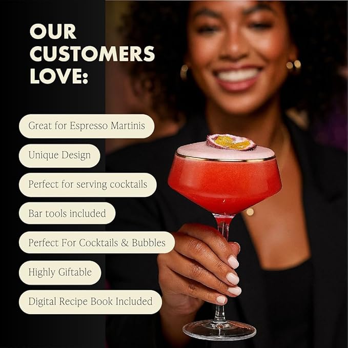 VEMACITY - Deluxe Espresso Martini Glasses Set of 4 | 10oz Coupe Glasses with Gold Rims for Champagne, Cosmopolitans - Includes Gold Jigger, Bar Spoon & eBook - | Ideal for Christmas & New Years