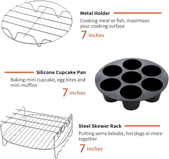Air Fryer Accessories 9PCS for Gowise Gourmia Cozyna Ninja Air Fryer, Fit all 3.7QT - 5.8QT Power Deep Hot Air Fryer with 7 Inch Cake Barrel, Pizza Pan, Cupcake Pan, Oven Mitts, Skewer Rack,