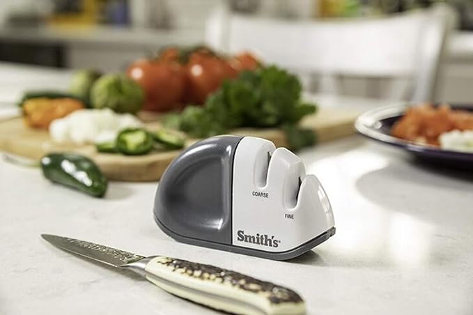 Smith's 51002 Edge Grip™ Select 2-Stage Sharpener - White - Compact - Non-Slip Base - Patented V Grip - Straight Edge Blades - Carbide & Ceramic Sharpeners