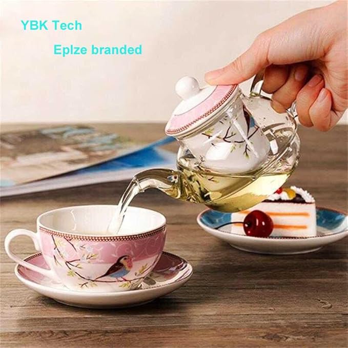 Tea for One Set, Glass Teapot with Porcelain Infuser Strainer and Cup & Saucer- Happy Bird Pattern (Pink)