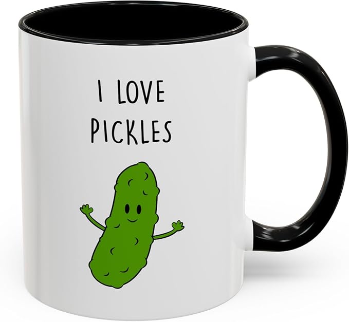 Cute Pickle Lovers Coffee Mug - I Love Pickles, Black Accent Mug, Funny Gift for Veggies Fans, Kitchen Decor, Unique Ceramic