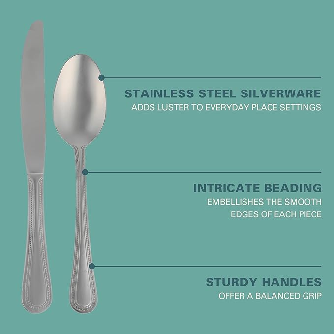 Gibson Home Sinta 87-Piece Stainless Steel Flatware Set with Bead Border Design – Service for 12 Plus Serving Utensils, Polished Silverware, Dishwasher Safe