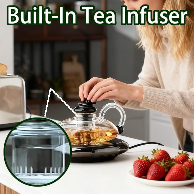 Electric Glass Teapot with Warmer - 20 Oz Glass Electric Tea Kettle with Infuser, 9-Temperature | 1000w Heating Ceramic Stove, TeaPot Set with Infuser for Loos Tea & Coffee (Translucent-without Base)