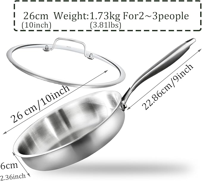 DELARLO Stainless Steel Pan 10.3Inch, Triply Stainless Steel Frying Pan with Lid, Heavy Duty, Compatible with Induction, Gas and Electric up to 650℉, Fast & Even Heating, Dishwasher, Oven Safe Skillet