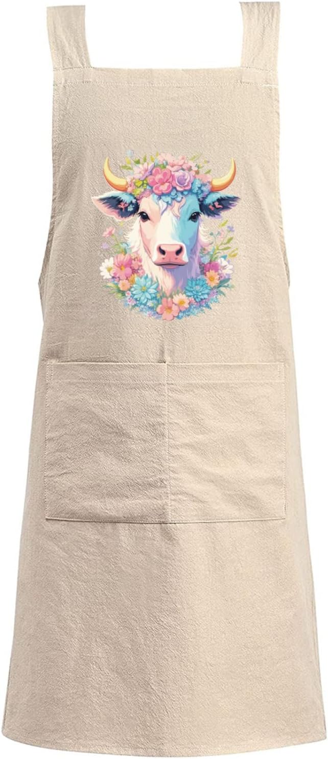Cotton Linen Apron Non-tie Cross Back Kitchen Apron with Pockets Soft Comfortable Durable for Cooking Baking Gardening (Khaki,Highland Cattle)