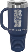 LaserGram 40oz Vacuum Insulated Travel Mug with Handle, Tiki Statue, Personalized Engraving Included (Navy Blue)