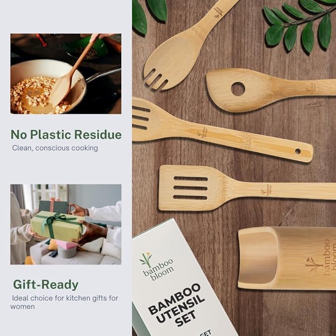 6 Piece kitchen utensils set - bamboo cooking utensils with comfort grip, including utensil holder, bamboo spoons, shovels & spatulas | wooden utensil set for non-stick pans, kitchen essentials