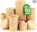 Paper Town Disposable Paper Soup Containers with Vented Lids, Kraft, 12 oz, Round, 50 Count, Compostable Food Storage Container, Ice Cream Cups