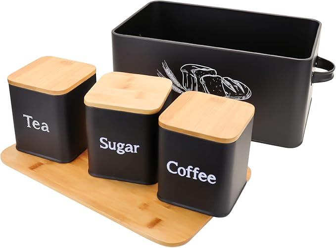 SOTECH Bread Box with 3pcs Jars Coffee Sugar Tea for Kitchen Countertop White Metal Bread Box with Bamboo Board Cover Pastry Storage Container Set Kitchen decor (Black Box and Jars)