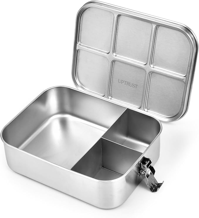 UPTRUST Stainless Steel Bento Lunch Box, 3-Compartment Large 1400ML Metal Bento Box for Kids or Adults, Container with Lockable Clips to Leak Proof