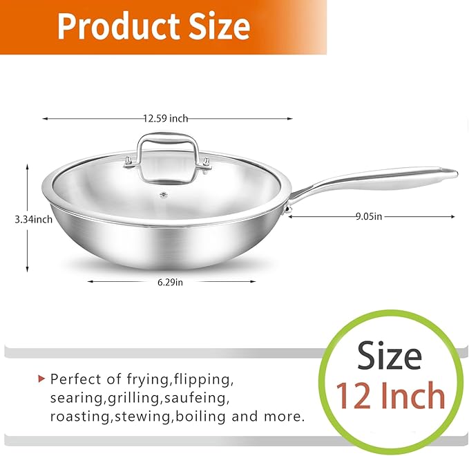 DELARLO Tri-Ply Stainless Steel Woks, 12 Inch Healthy Non-Toxic Cooking Wok Pan with Lid, Wide & Deep Cookware Stir-Fry Pans, Dishwasher and Oven Safe Up To 600°F, Works on Induction