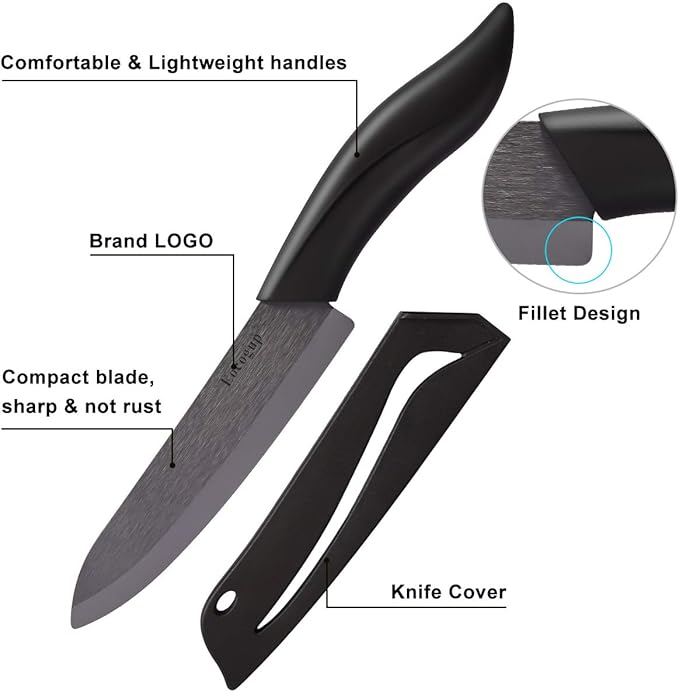 Updated Version Ceramic Knife Set 4-Piece with Sheaths (Includes 3" Paring Knife, 4" Fruit Knife, 5" Utility Knife, 6" Chef Knife) for Home Kitchen(Black)