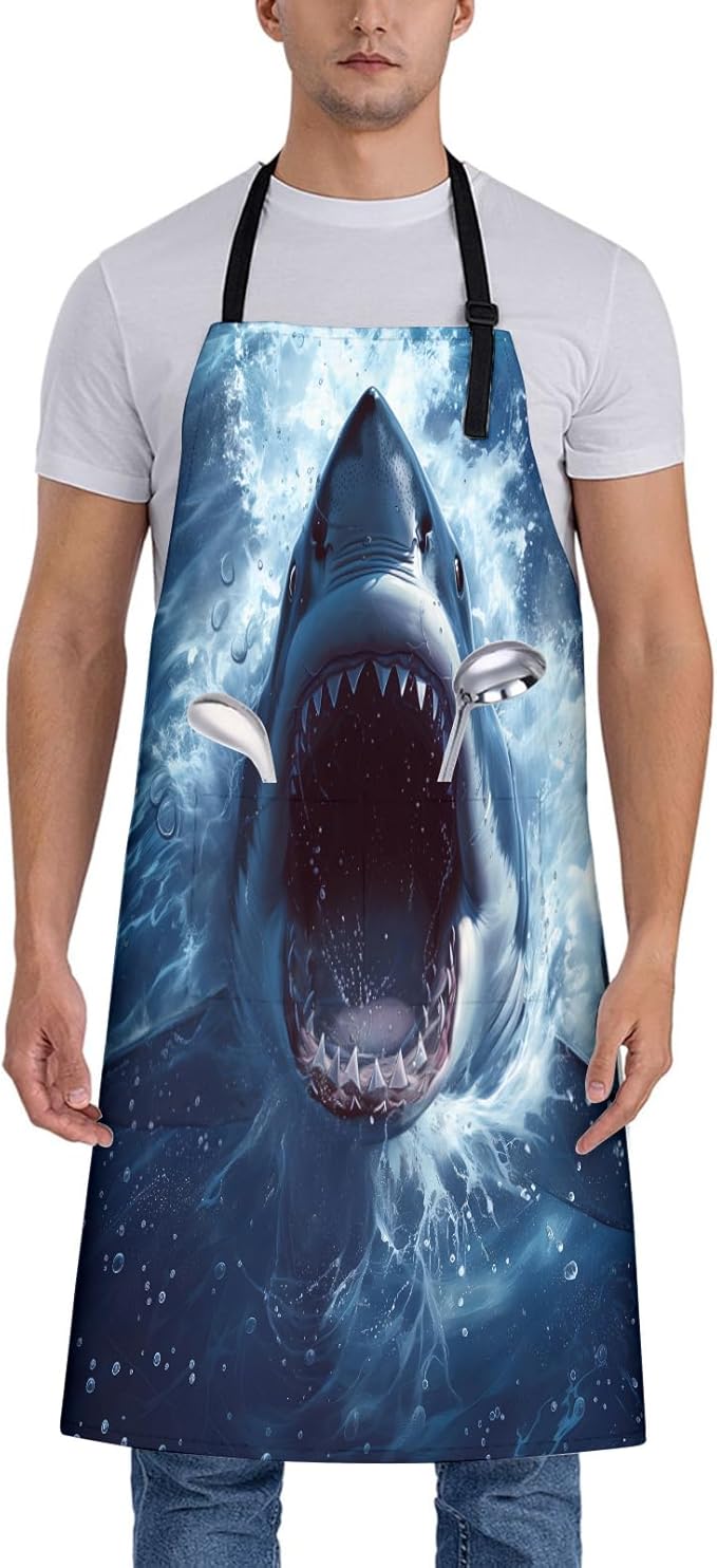 Fierce Shark Print Apron for Women, 28x33in, Kitchen Chef Aprons with 2 Pockets, Polyester, Ocean Shark Apron for Cooking BBQ Baking Gardening Chef, Gifts for Mom Wife Dad