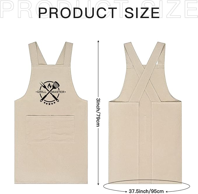Cotton Linen Apron Non-tie Cross Back Kitchen Apron with Pockets Soft Comfortable Durable for Cooking Baking Gardening (Khaki,Grill Master)