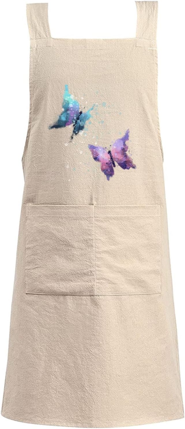 Cotton Linen Apron Non-tie Cross Back Kitchen Apron with Pockets Soft Comfortable Durable for Cooking Baking Gardening (Khaki,Butterfly)